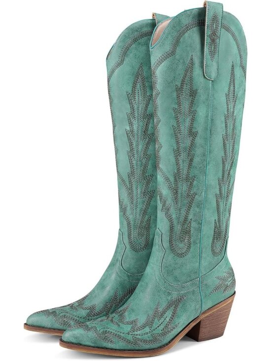 Shoes - Women's Teal Embroidered Pull On Casual Mid Heel Round Toe Cowgirl Boots